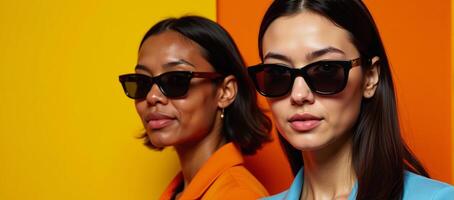 A vibrant image featuring two diverse women in sunglasses epitomizing womanhood and diversity photo