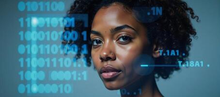 A stunning digitallyinspired double exposure showcases an African American womans radiant features amidst glowing binary code symbolizing the digital age in neon blue hues her curls and piercing gaze photo