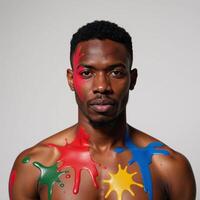 A vibrant portrait showcases an African American man from Puerto Rico with vivid color palette against stark white backdrop photo