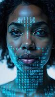 A stunning digitallyinspired double exposure showcases an African American womans radiant features amidst glowing binary code symbolizing the digital age in neon blue hues her curls and piercing gaze photo