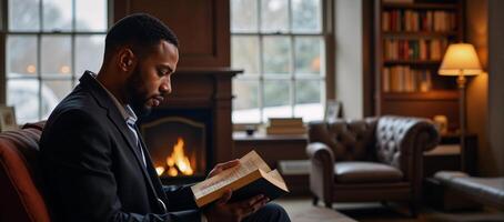 A focused AfricanAmerican man reads in a wintry library ambiance photo