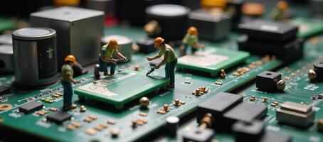 Creative miniature construction workers constructing microchip circuit board technology concept photo