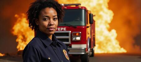Confident black firefighter poses in uniform against backdrop of flaming firetruck photo