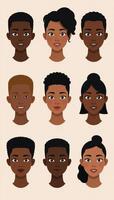 A set of diverse African American character avatar heads in flat design format with plain backgrounds photo
