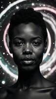 Illustrated portrait showcasing an AfricanAmerican individual amidst cosmic imagery emphasizing themes of space diversity and education photo