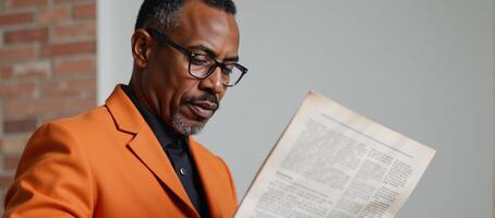 A mature AfricanAmerican man in glasses and orange jacket reads a newspaper photo