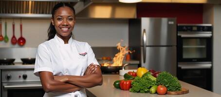 A cheerful Black female chef smiles warmly in a busy restaurant kitchen photo