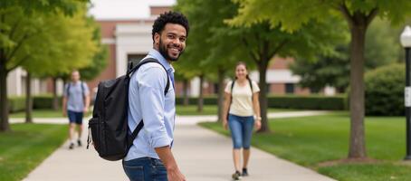 A confident AfricanAmerican college student strolls through campus with a smile donning casual attire and carrying his backpack photo