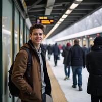 Young man smiles amidst busy winter scene at train station photo
