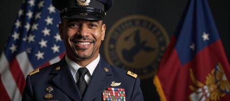 A proud and confident smiling AfricanAmerican veteran depicted in a military uniform Generated photo