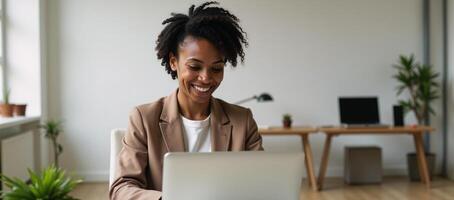A contentfocused illustration showcases a happy African American woman working efficiently from her cozy home office in a contemporary and digitallyoriented setting photo