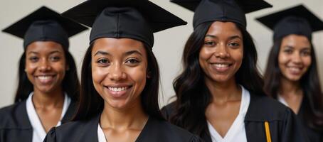 A closeup image features a group of focused young African Americans wearing matriculation gowns and hats standing united against a blurred background photo