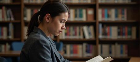 Sideprofile portrait of an engrossed young African American woman studying intensely in a college library setting photo
