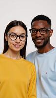 Young AfricanAmerican couple with glasses posed against plain white backdrop photo