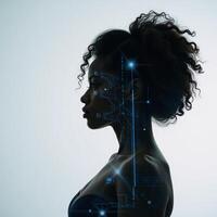 An AIinspired double exposure featuring an African American womans silhouette surrounded by digital charts and graphs photo