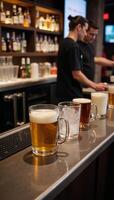 Bartender pours Beer Whiskey at counter amidst bustling bar scene photo