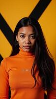 A serious AfricanAmerican female model poses in an orange turtleneck with geometric ornaments against a striped backdrop photo