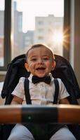 A joyful AfricanAmerican baby wearing a bowtie enjoys sunshine while being pushed in a stroller photo