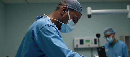 Side view illustration AfricanAmerican surgeon operating in hospital photo