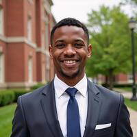 Smiling AfricanAmerican college freshman eagerly begins school days ahead photo