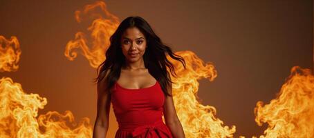 An ethereal African American woman radiates fiery grace as she walks through flames symbolizing creativity inspiration and spirituality with her supernatural presence photo