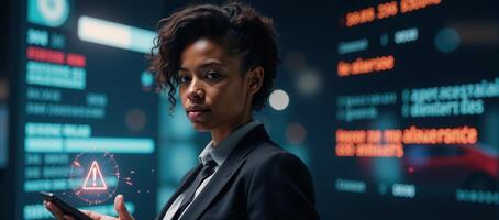 AfricanAmerican woman tackles cybersecurity challenges within an immersive AR environment overflowing with generated alerts and potential data breaches photo