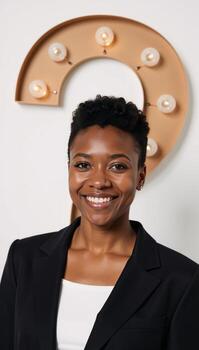 Smiling African American Coco posed inquisitively with a lightbulb beside her against a clean white backdrop photo