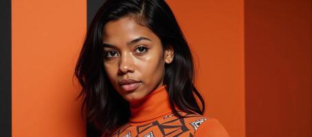 A serious AfricanAmerican female model poses in an orange turtleneck with geometric ornaments against a striped backdrop photo
