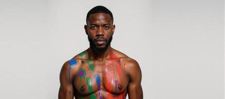 A vibrant portrait showcases an African American man from Puerto Rico with vivid color palette against stark white backdrop photo
