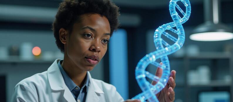 African American scientist investigates floating DNA strands in a hightech laboratory photo