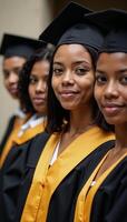 A closeup image features a group of focused young African Americans wearing matriculation gowns and hats standing united against a blurred background photo