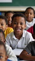 Portrait showcases an enthusiastic elementary school students passion for learning photo