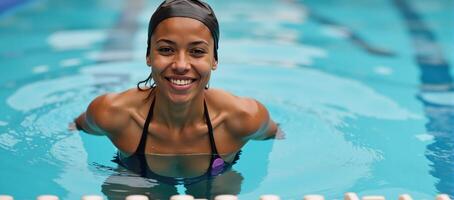 Graceful African American female athlete emerges from pool highlighting her athletic prowess through swimming photo