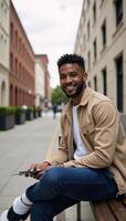 Smiling African American man sits on a bench beside a blurred building holds a notebook looks at the camera in bright daylight photo