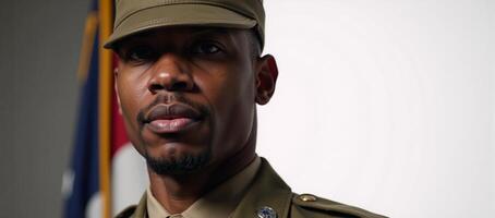 Angled view portrait of a determined AfricanAmerican solider in military uniform photo