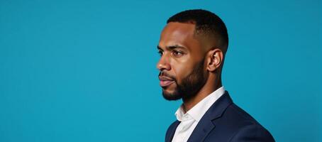 Human side view profile portrait of serious African American man against blue studio background photo