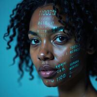 A stunning digitallyinspired double exposure showcases an African American womans radiant features amidst glowing binary code symbolizing the digital age in neon blue hues her curls and piercing gaze photo