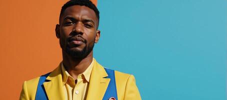 An AfricanAmerican man stands out in vibrant colors wearing a yellow and blue ensemble against a backdrop of dynamic hues photo