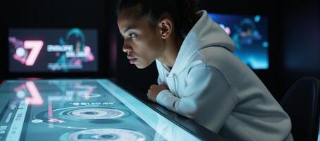 A futuristic AfricanAmerican teen interacts with an advanced interface photo