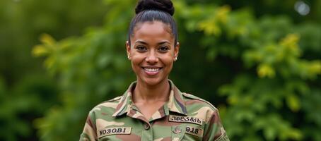 Stylish portrait showcasing a striking AfricanAmerican woman in camo military attire and a confident grin she appears fortunate photo