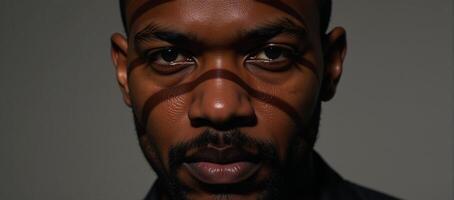 Closeup portrait of an African American man showcasing shadowy facial details and distinct striped patterns across his visage photo