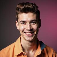 A bold minimalist retro image showcases a cheerful young gay man within a studio setting photo