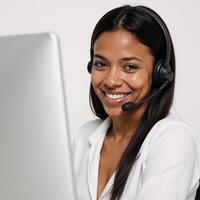 A supportive agent Smiling AfricanAmerican lady wearing a headset photo