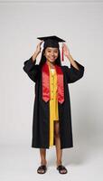 A triumphant AfricanAmerican girl celebrating graduation day concept room to add visual elements and design details photo