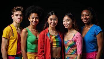 Studio portrait featuring young multiracial individuals dressed as LGBTQ characters captured from the waist up against a black backdrop photo