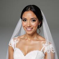 Black bride adorned in white wedding gown with veil and bridal makeup for ceremony photo