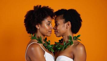 Two stylishly dressed young AfricanAmerican lesbians stand together romantically against an orange backdrop wearing wreaths around their necks and gazing off introspectively photo