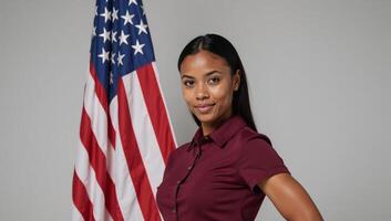 A youthful AfricanAmerican stands boldly before an American flag exuding pride and confidence photo
