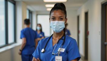 A confident African American woman wearing a mask and uniform stands before a blurry hospital backdrop with colleagues photo