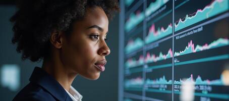 Side profile view of a Black African American Female IT Specialist analyzing cybersecurity threats through an ARAI collage photo
